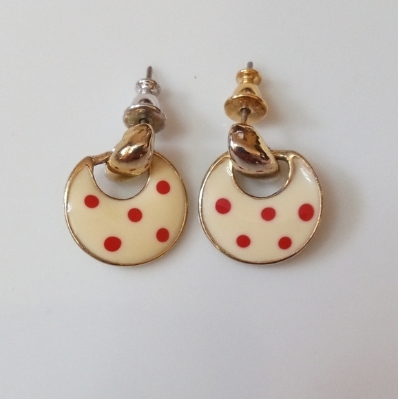 Gold toned enamel crescent cream colored with red polka dot post earrings - Picture 1 of 3